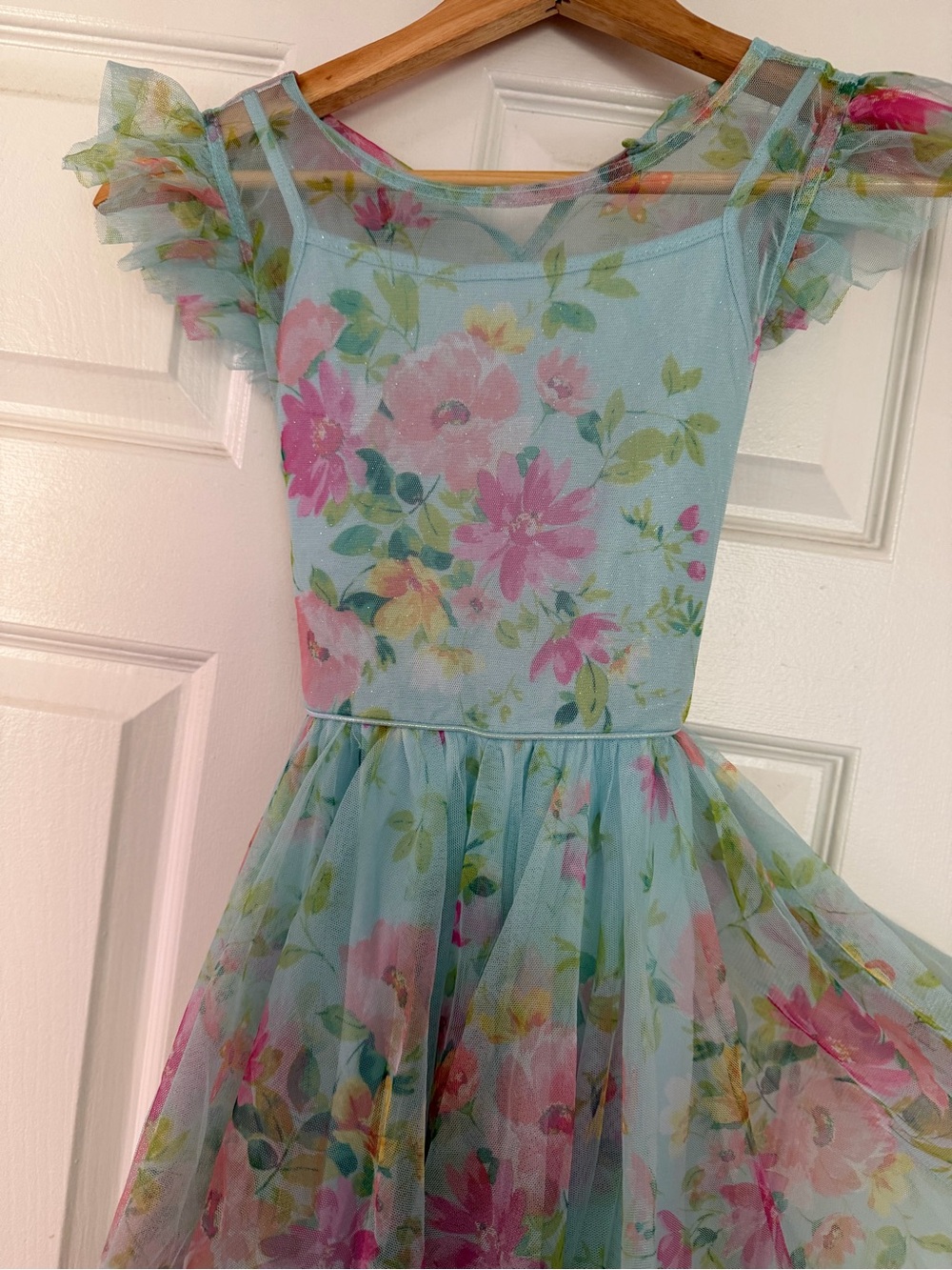 lilt Blue Floral Mesh Ruffle-Sleeve Party Dress